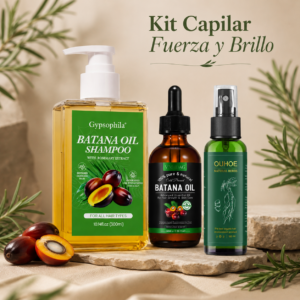 Kit capilar con shampoo de batana, aceite esencial y spray herbal sobre roca, ideal para fortalecer y dar brillo.